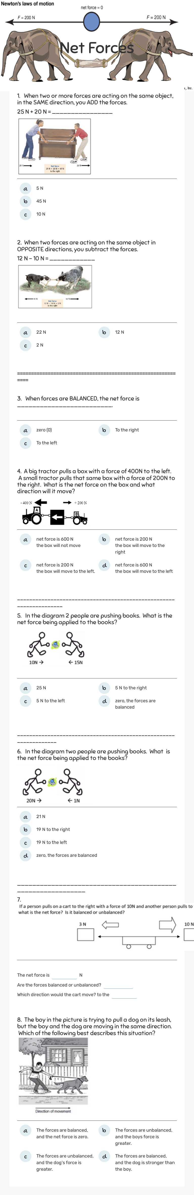 Net Forces worksheet preview image