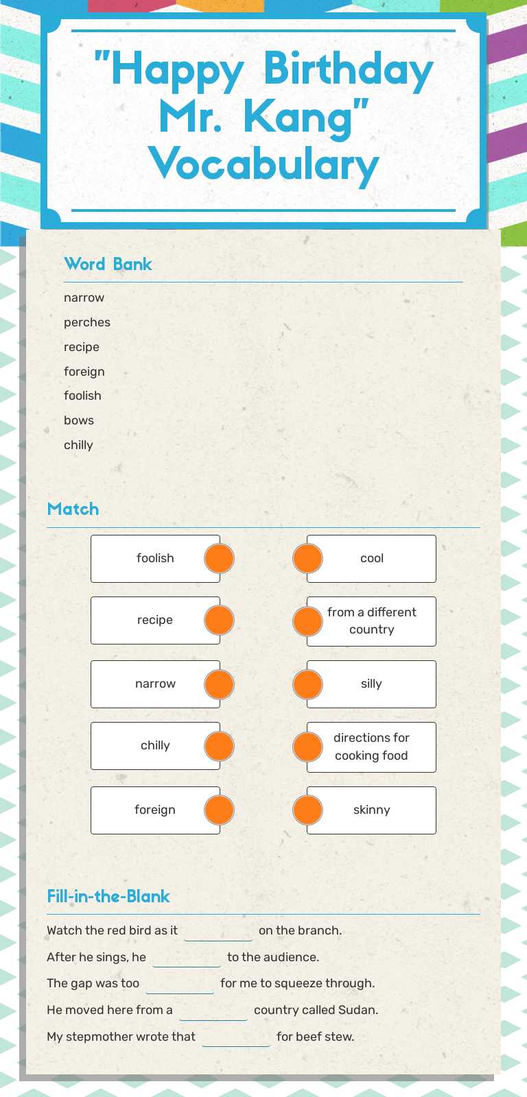 "Happy Birthday Mr. Kang" Vocabulary worksheet preview image