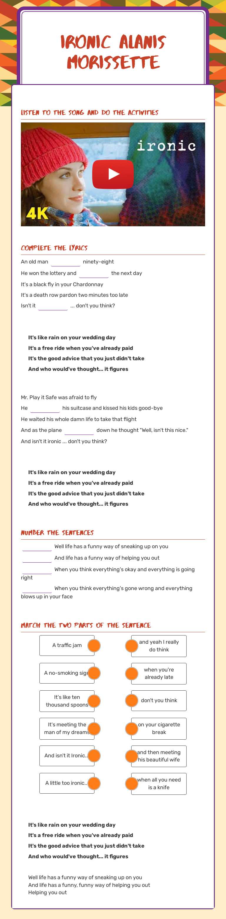 ironic
alanis morissette Preschool worksheet preview