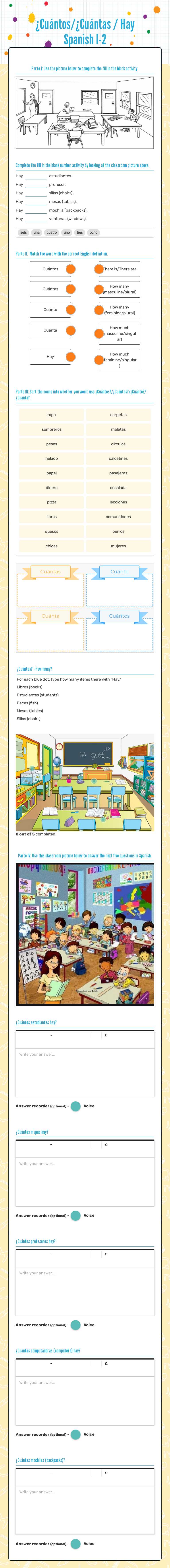 ¿Cuántos/¿Cuántas / Hay     Spanish I-2 worksheet preview image