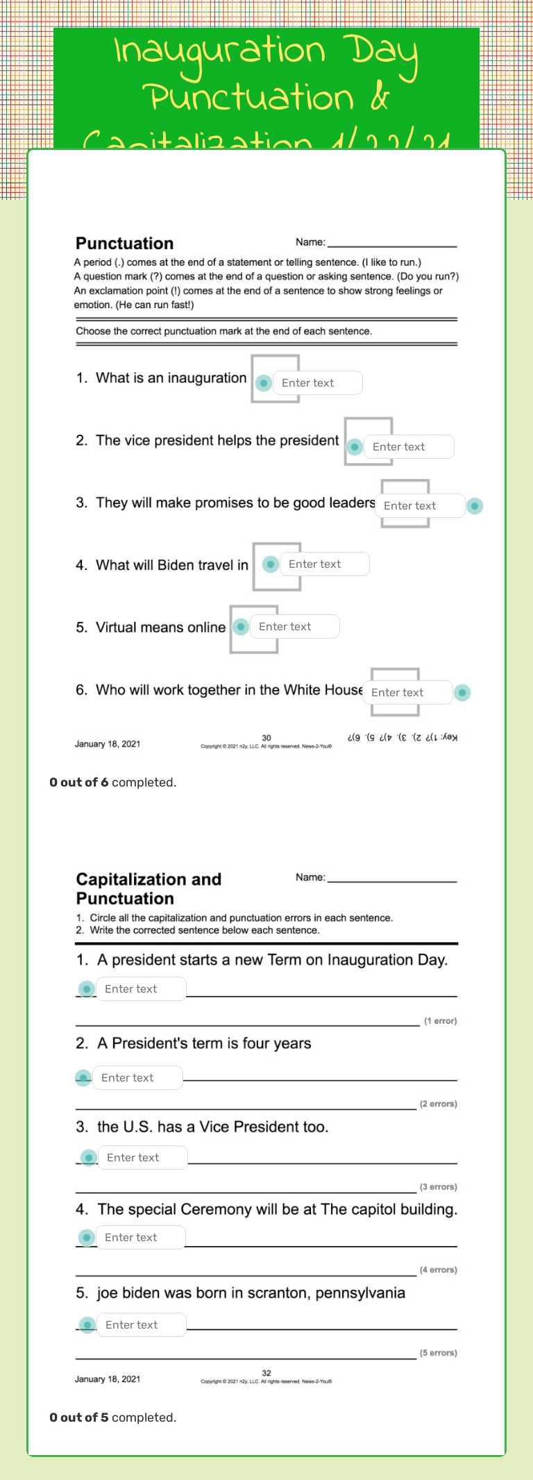Inauguration Day Punctuation & Capitalization 1/22/21 worksheet preview image