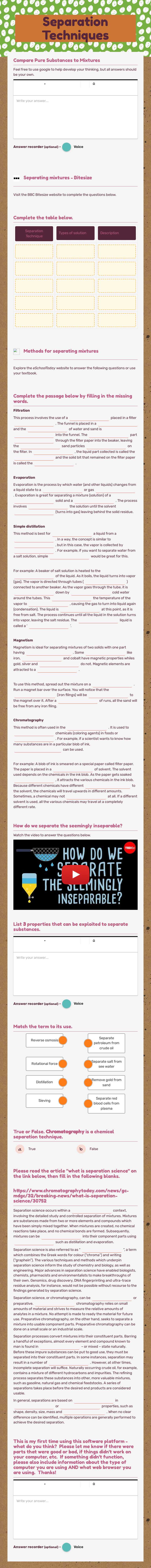 Separation Techniques worksheet preview image