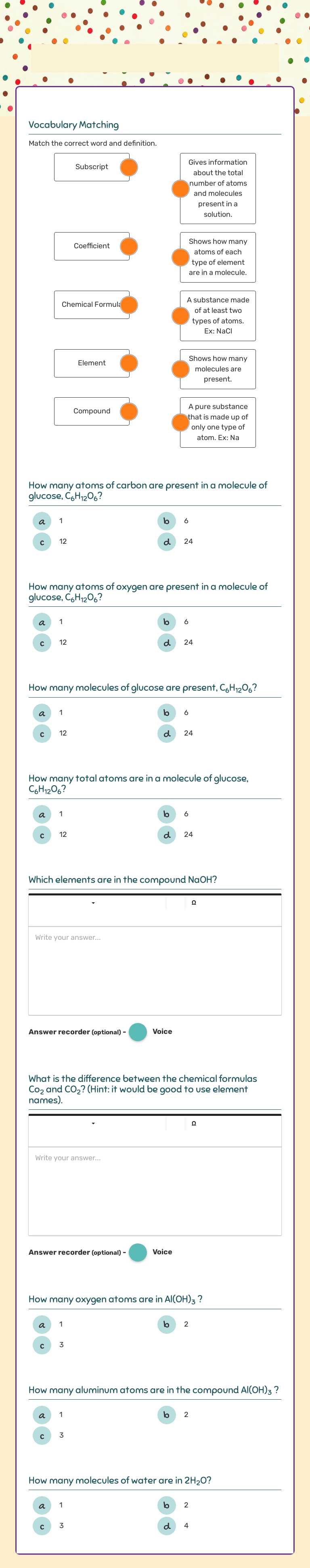 Chemical Formulas 
     and      Counting Atoms worksheet preview image
