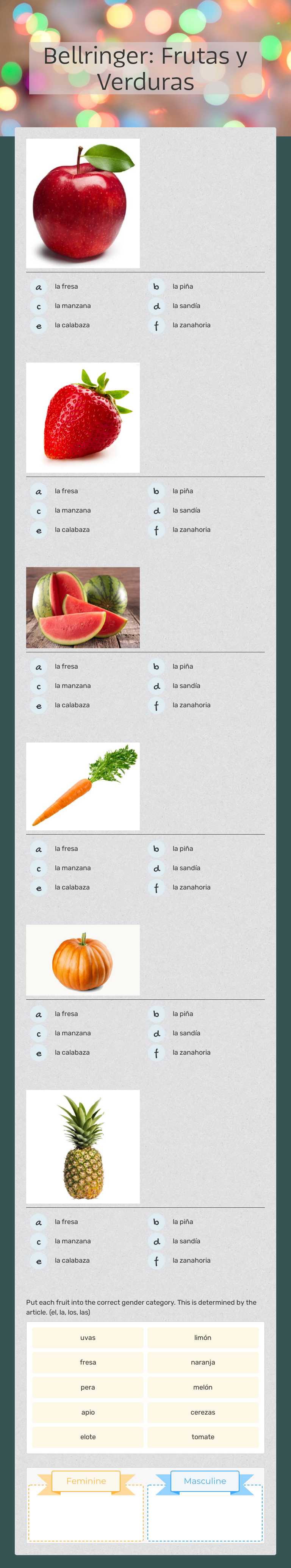 Bellringer: Frutas y Verduras worksheet preview image