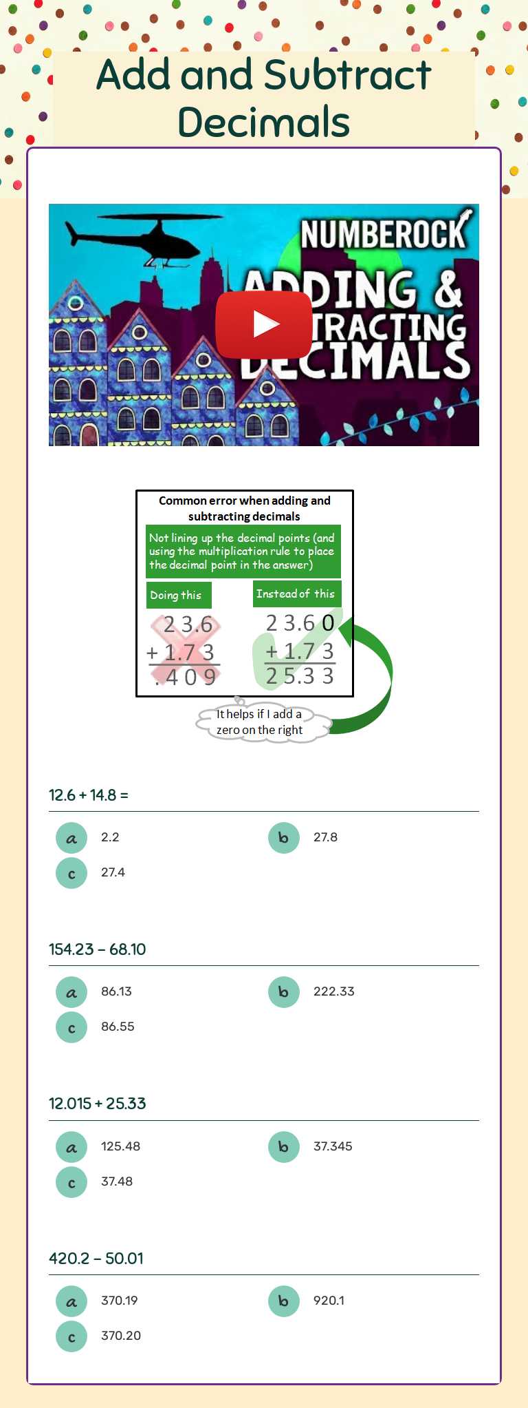 Add and Subtract Decimals December 7, 2022 worksheet preview image