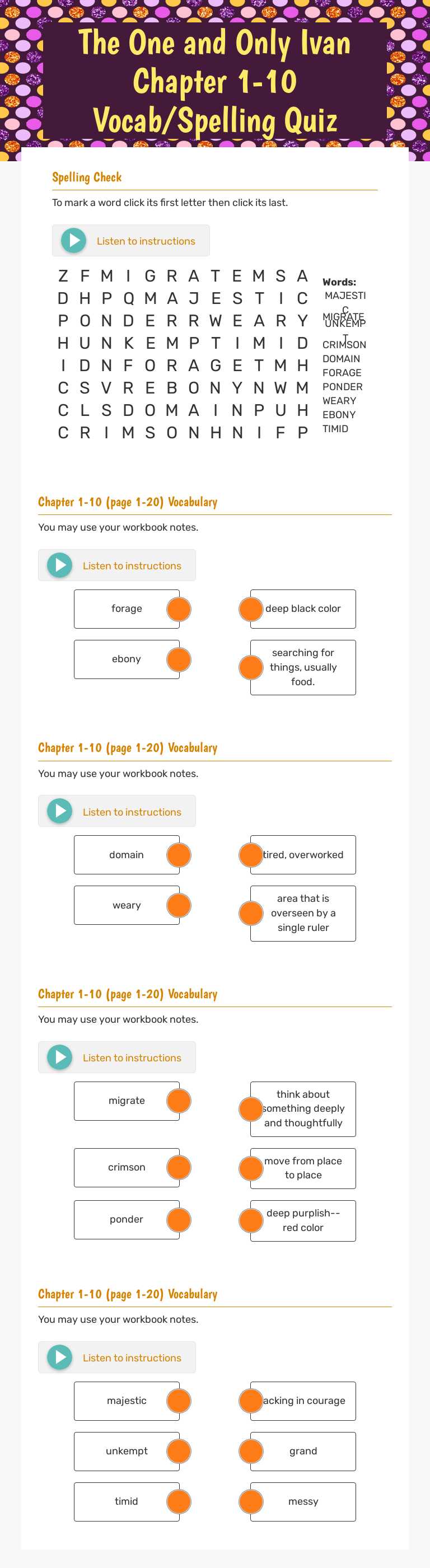 The One and Only Ivan    
Chapter 1-10       Vocab/Spelling Quiz Grade 6 worksheet preview