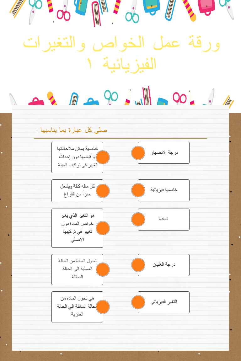 ورقة عمل الخواص والتغيرات الفيزيائية ١ worksheet preview image
