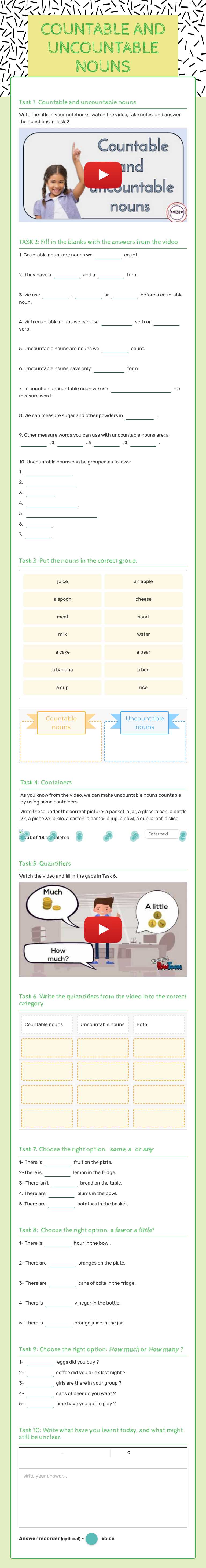 COUNTABLE AND UNCOUNTABLE NOUNS Grade 10 worksheet preview