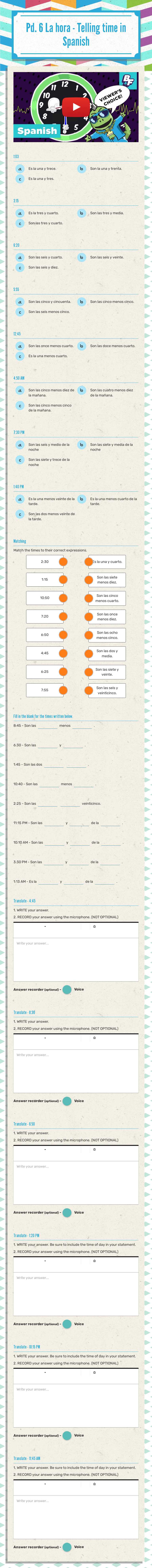 Pd. 6 La hora - Telling time in Spanish Grade 6 worksheet preview