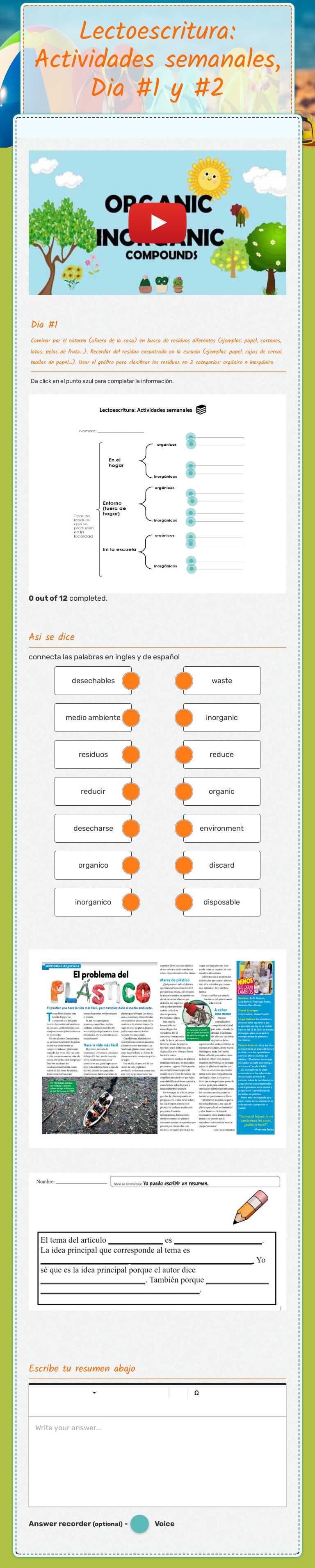 Lectoescritura: Actividades semanales,  Dia #1 y #2 worksheet preview image