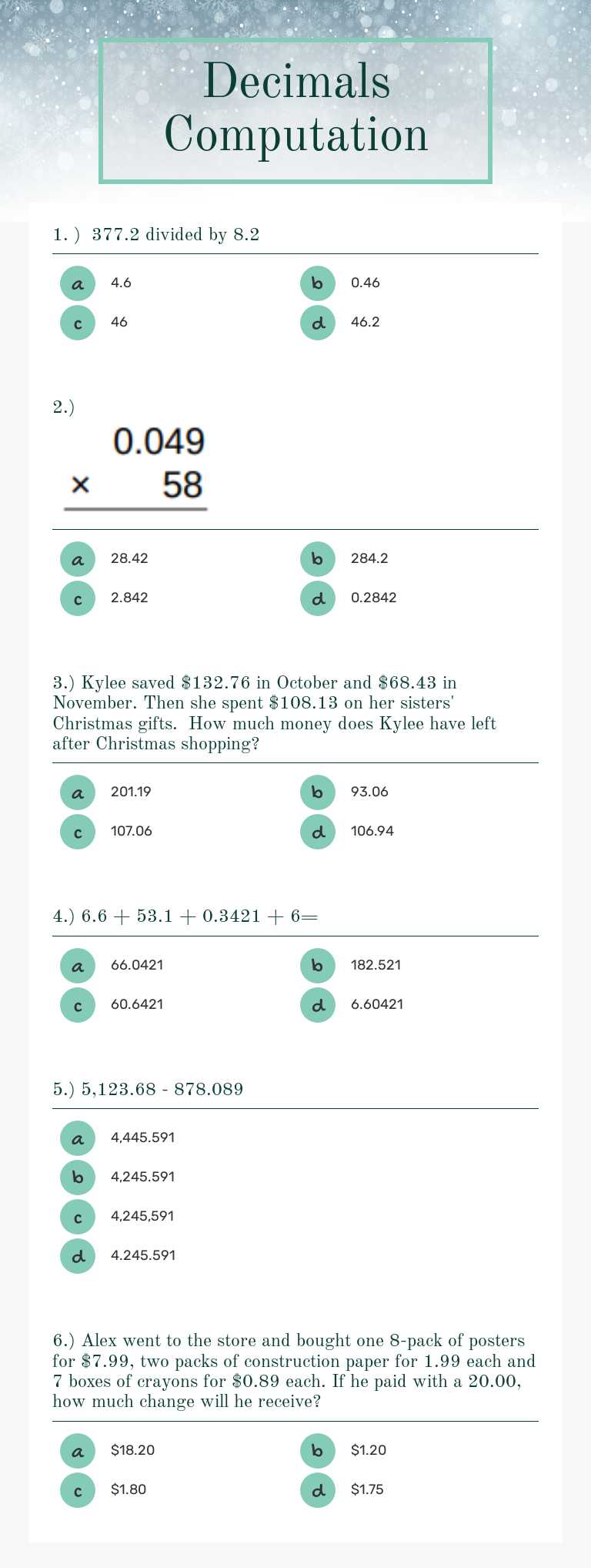 Decimals Computation Grade 6 worksheet preview