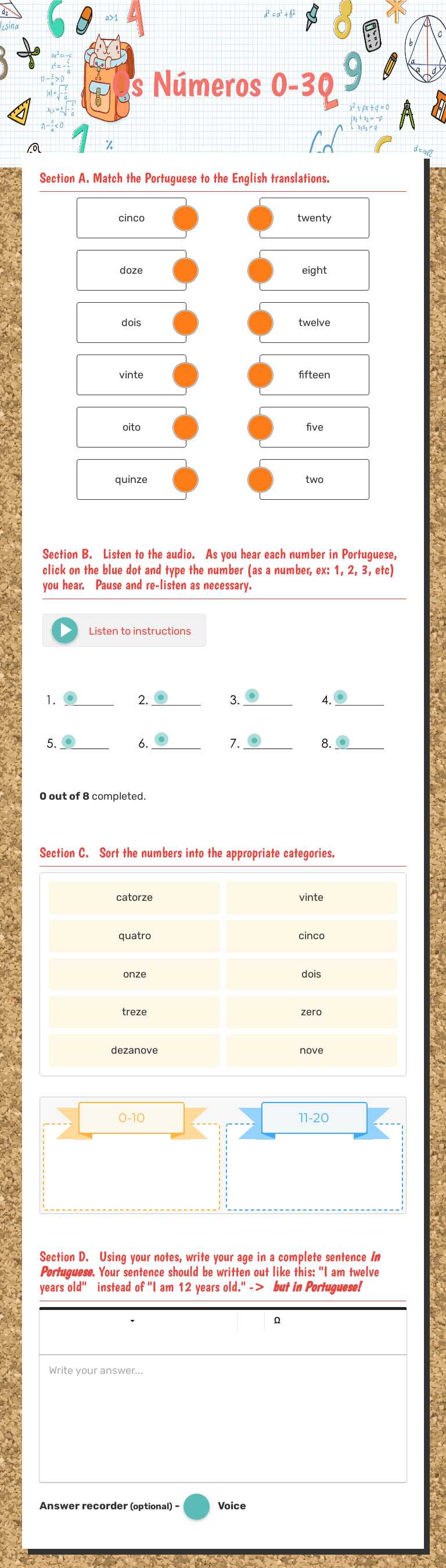 Os Números 0-30 worksheet preview image