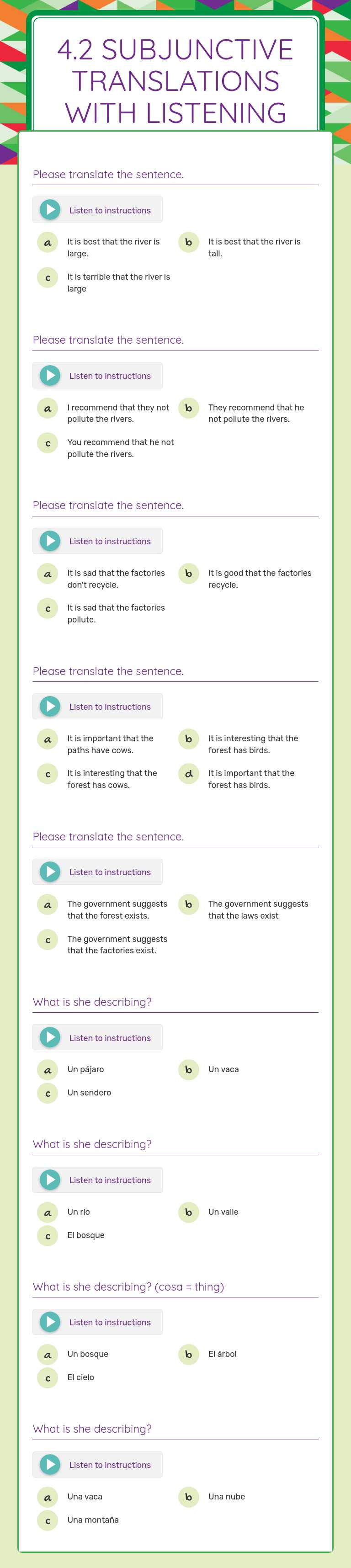4.2 Subjunctive translations with Listening worksheet preview image