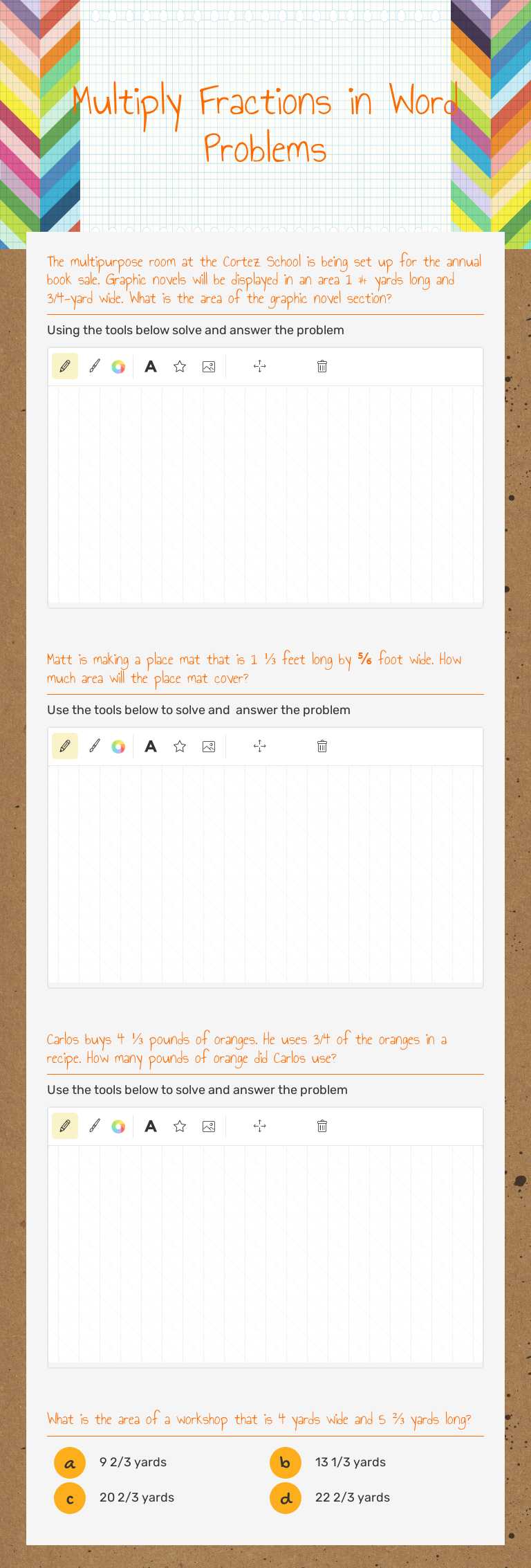 Multiply Fractions in Word Problems worksheet preview image