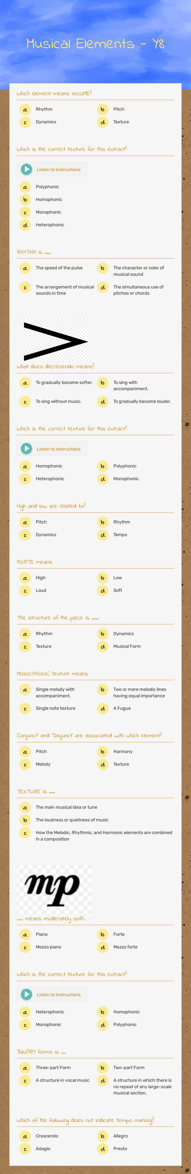 Musical Elements - Y8 Grade 8 worksheet preview