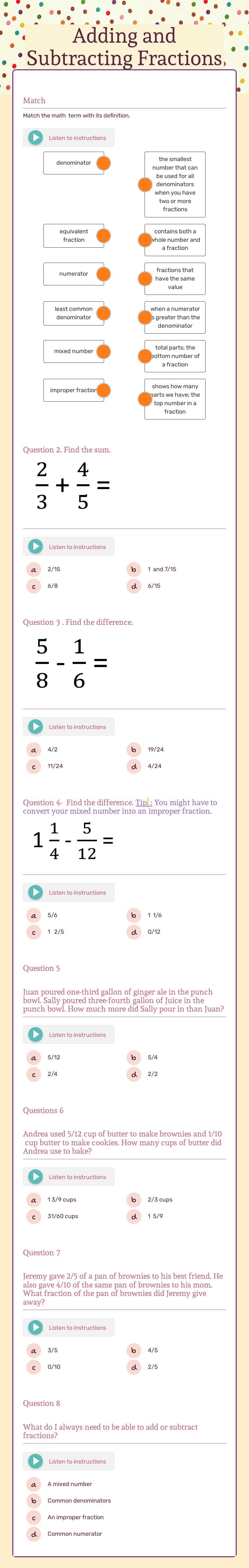 Adding and Subtracting Fractions worksheet preview image
