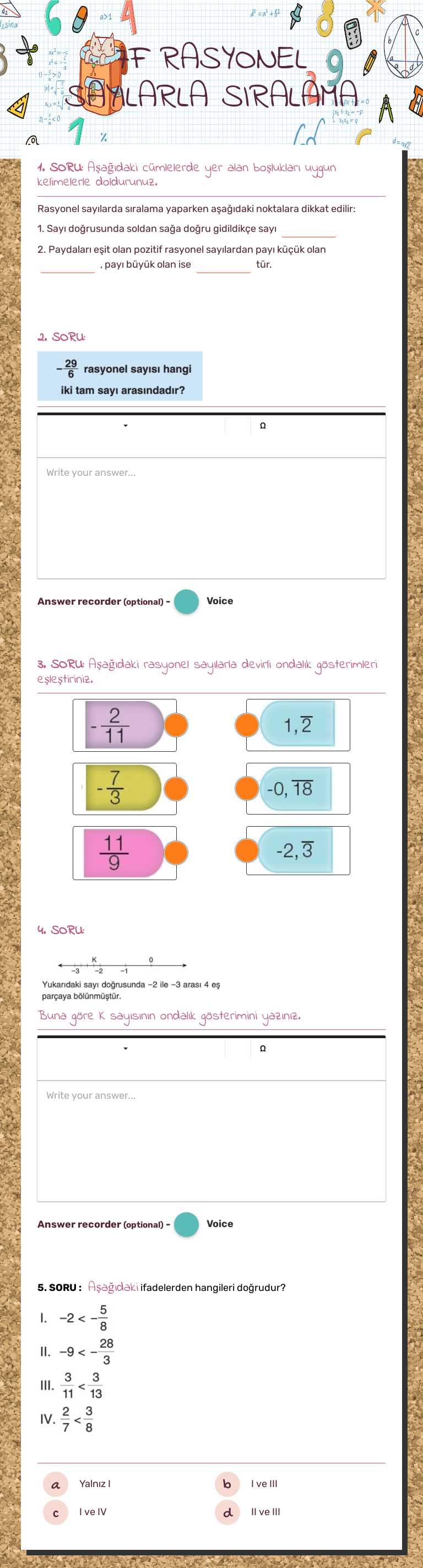 7F RASYONEL SAYILARLA SIRALAMA worksheet preview image
