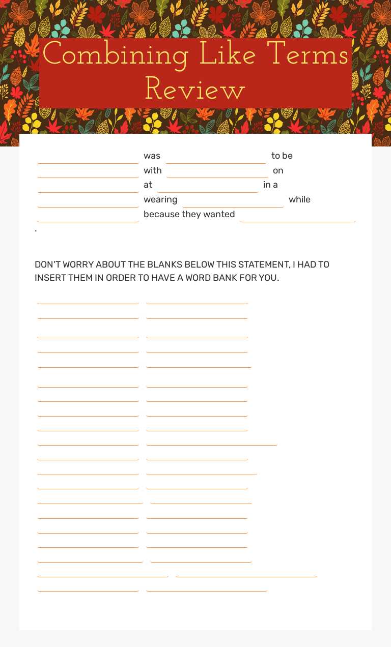 Combining Like Terms Review Grade 8 worksheet preview