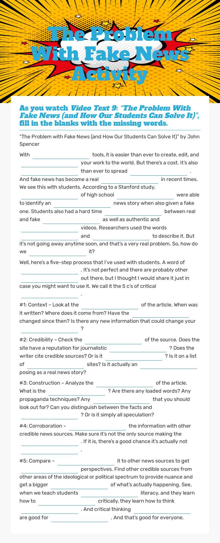 The Problem With Fake News Activity worksheet preview image