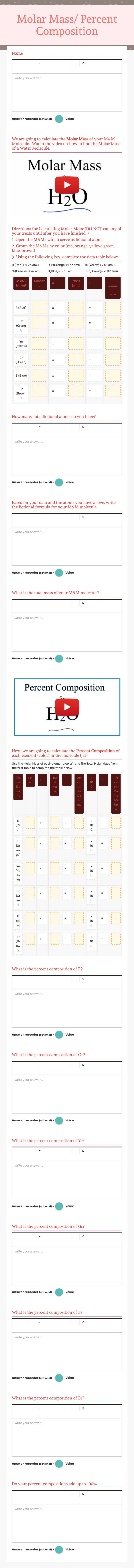 Molar Mass/ Percent Composition worksheet preview image