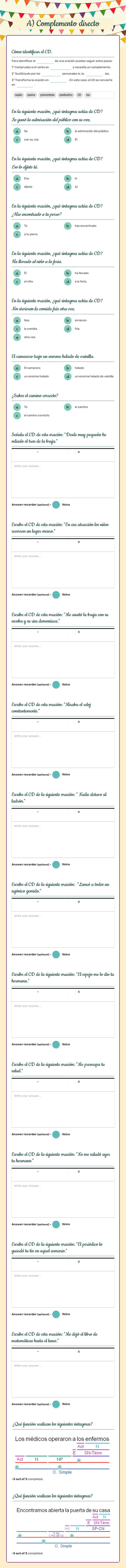 A) Complemento directo Grade 10 worksheet preview