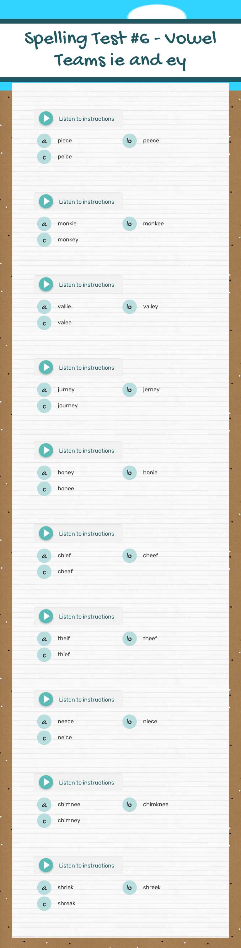 Spelling Test #6 - 
Vowel Teams ie and ey Grade 3 worksheet preview