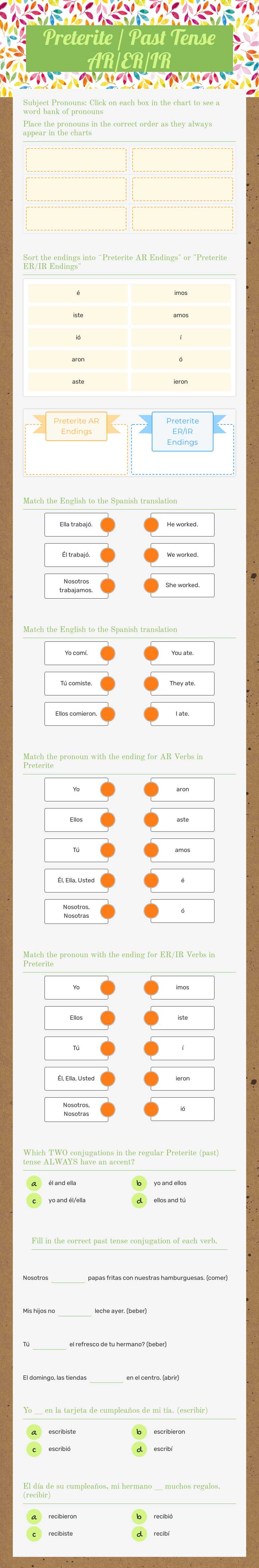 Preterite / Past Tense AR/ER/IR Grade 10 worksheet preview