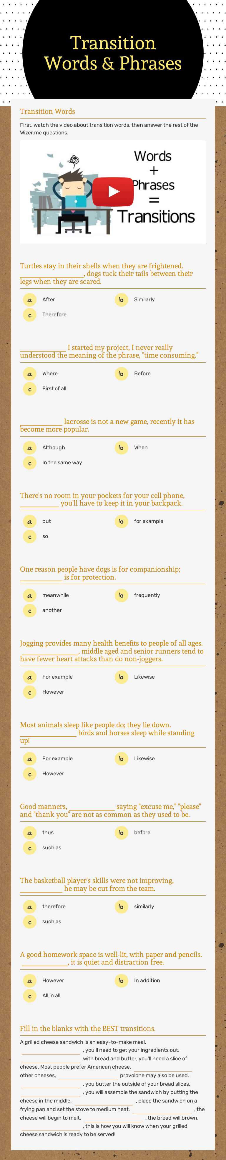 Transition Words & Phrases worksheet preview image