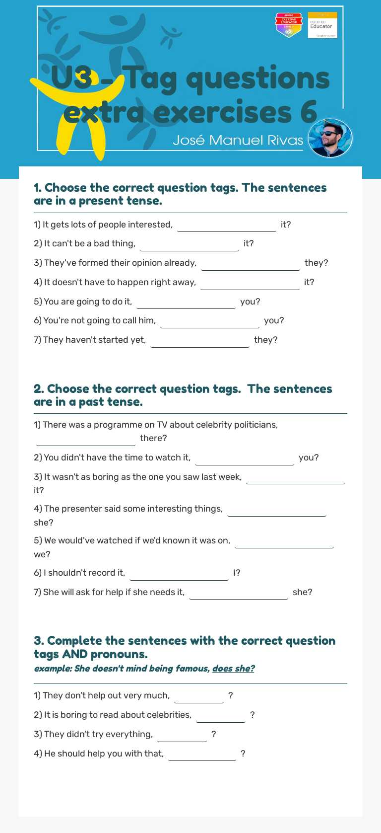 U3 - Tag questions extra exercises 6 worksheet preview image