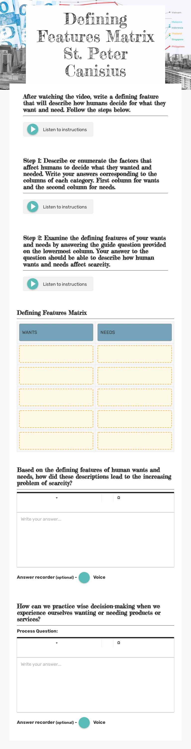Defining Features Matrix St. Peter Canisius worksheet preview image