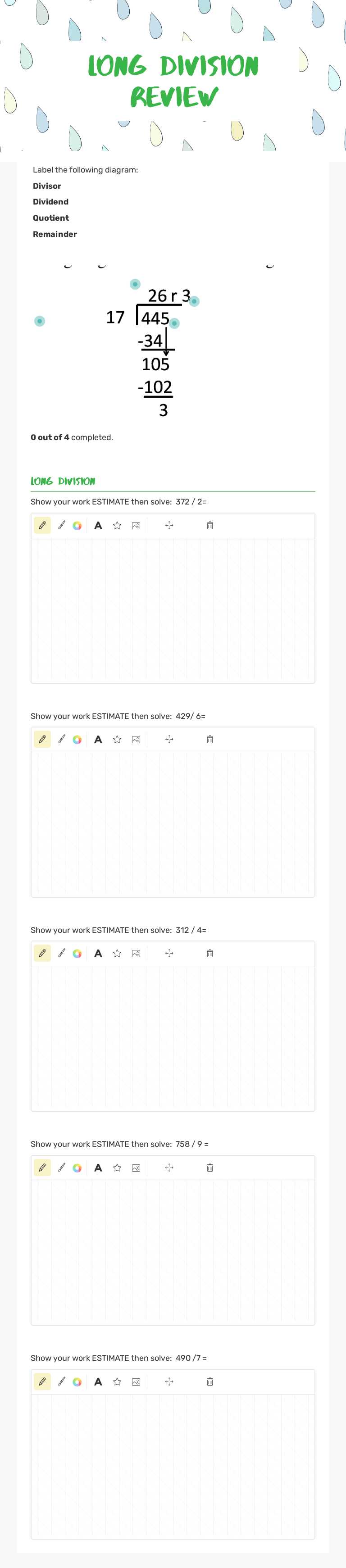 Long Division Review Grade 4 worksheet preview