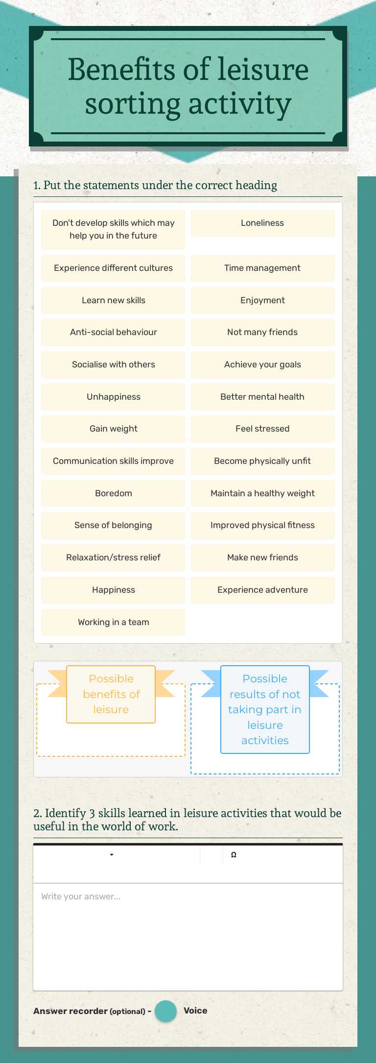 Benefits of leisure sorting activity worksheet preview image