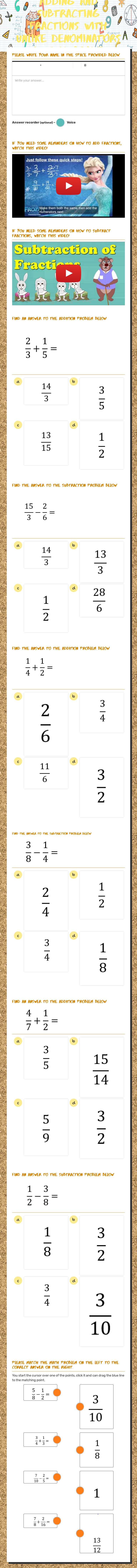 adding and subtracting  Fractions with unlike denominators in 5th Grade worksheet preview image