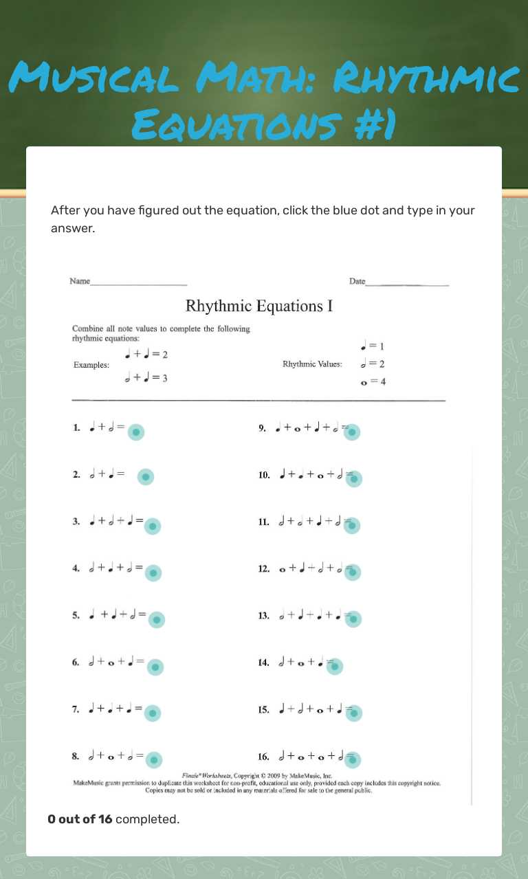 Musical Math: Rhythmic Equations #1 Grade 6 worksheet preview