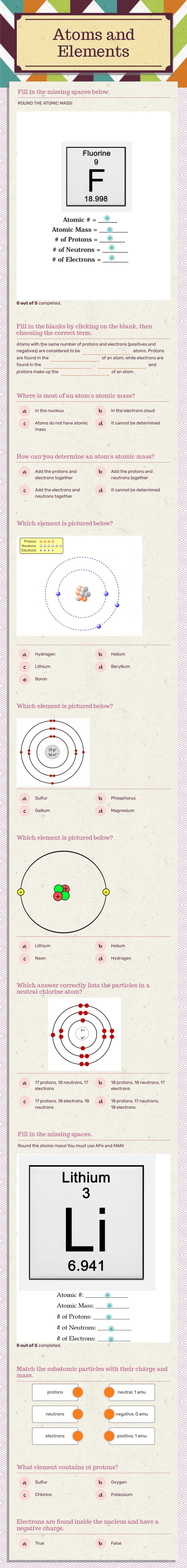 Atoms and Elements worksheet preview image