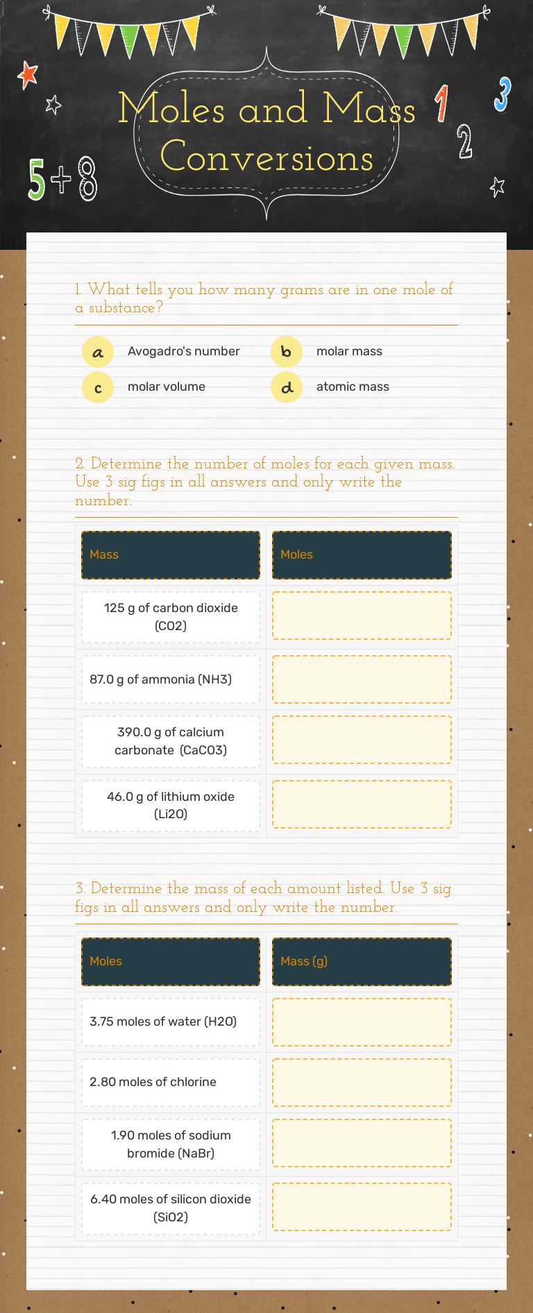 Moles and Mass Conversions Grade 11 worksheet preview