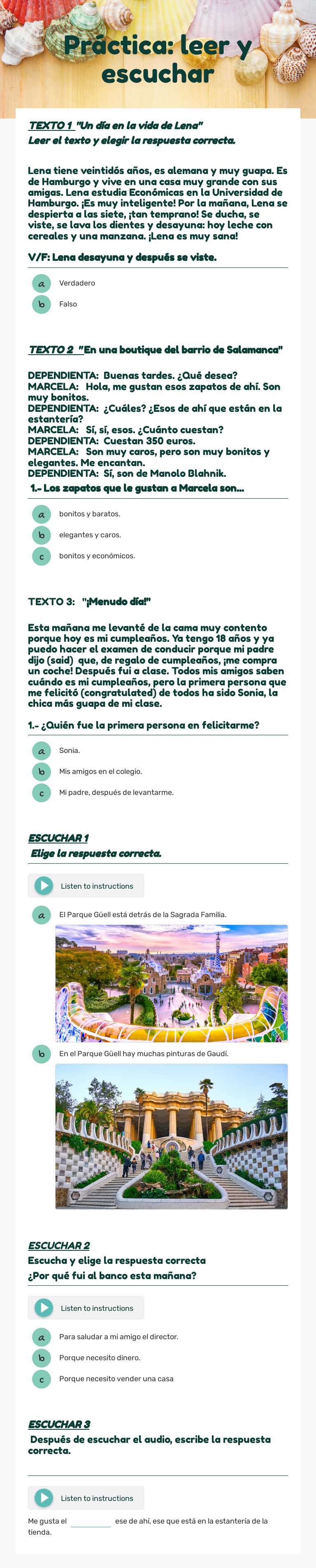 Práctica:  leer y escuchar Grade 9 worksheet preview