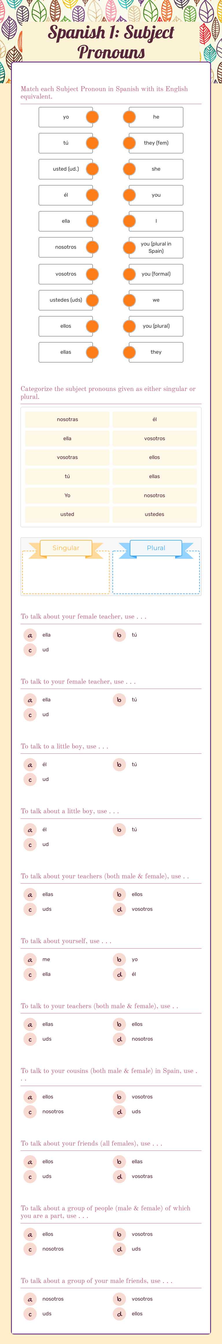 Spanish 1: Subject Pronouns worksheet preview image