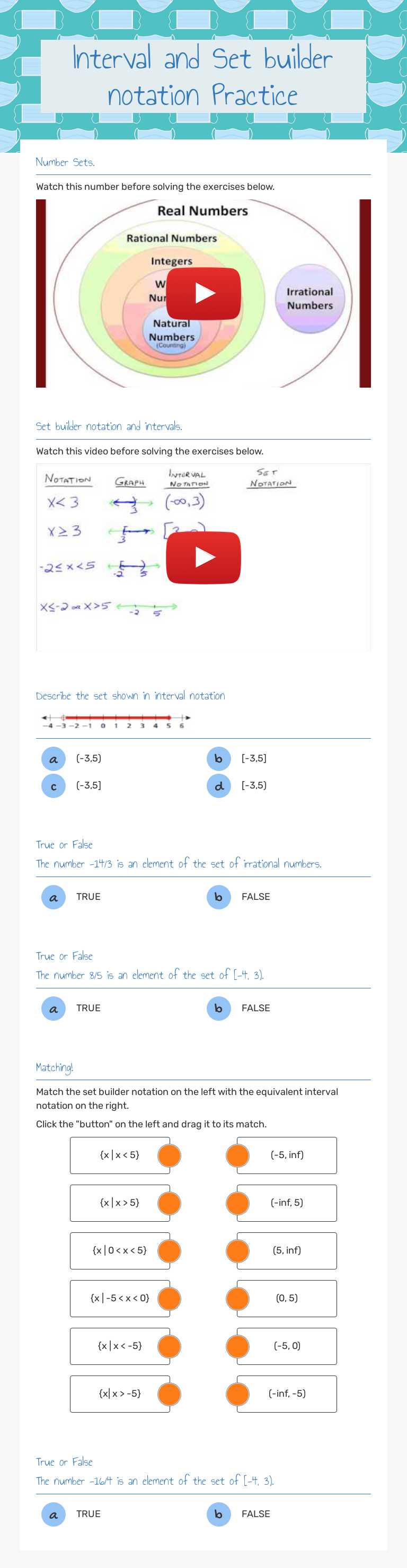 Interval and Set builder notation Practice worksheet preview image