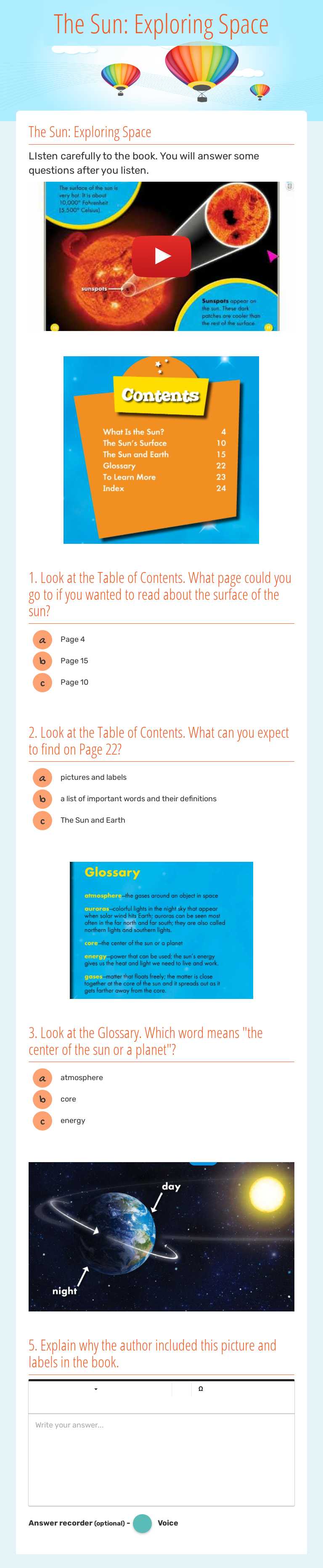 The Sun:             Exploring Space worksheet preview
