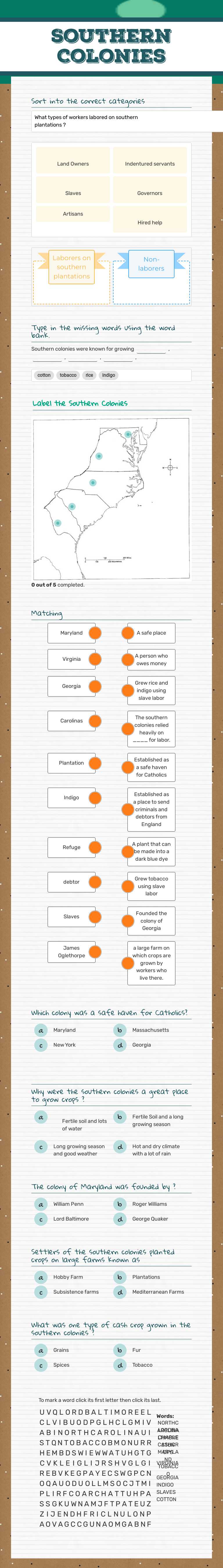 Southern Colonies worksheet preview image