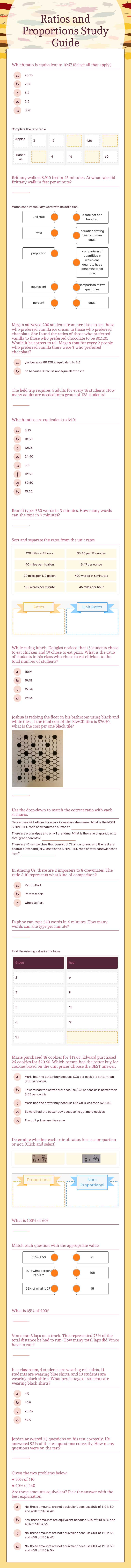 Ratios and Proportions Study Guide worksheet preview image