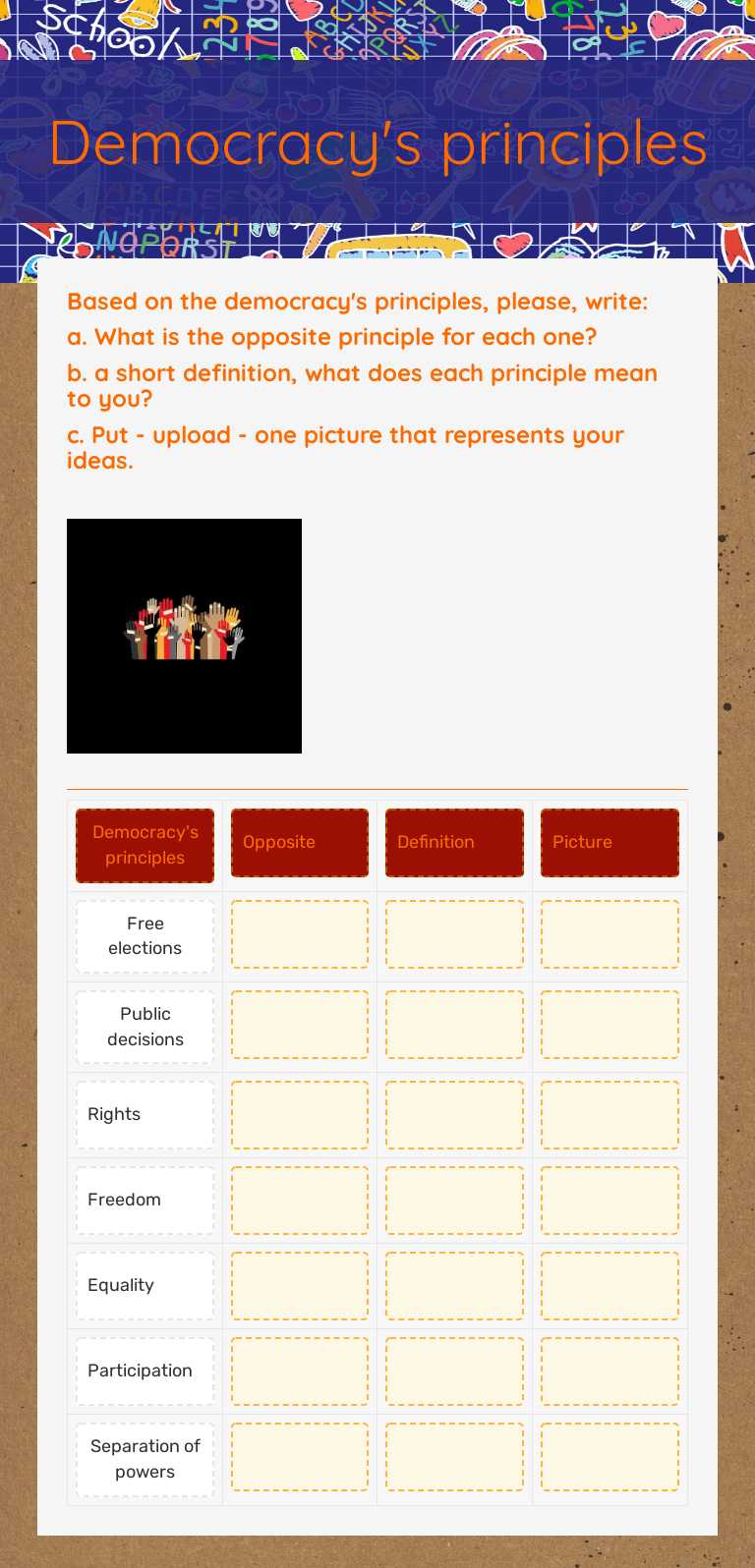 Democracy's principles Grade 5 worksheet preview