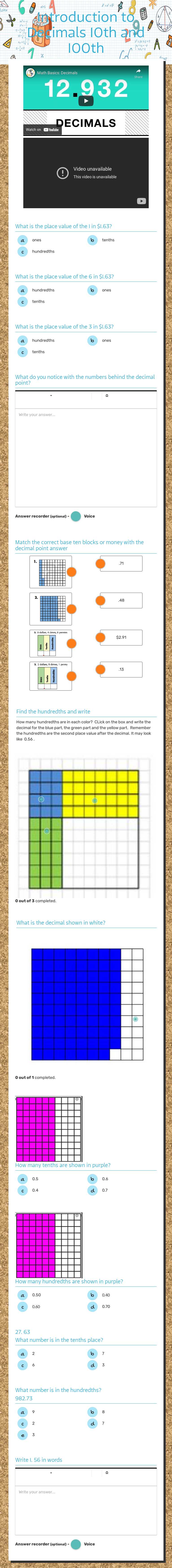 Introduction                             
                 to Decimals                           10th and 100th worksheet preview image
