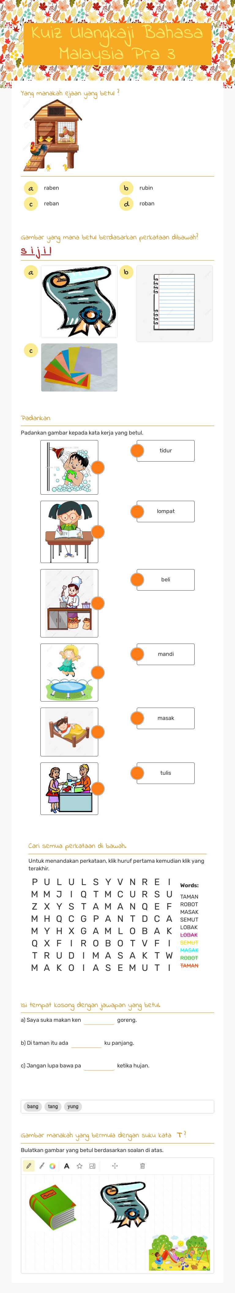 Kuiz Ulangkaji Bahasa Malaysia   Pra 3 worksheet preview image