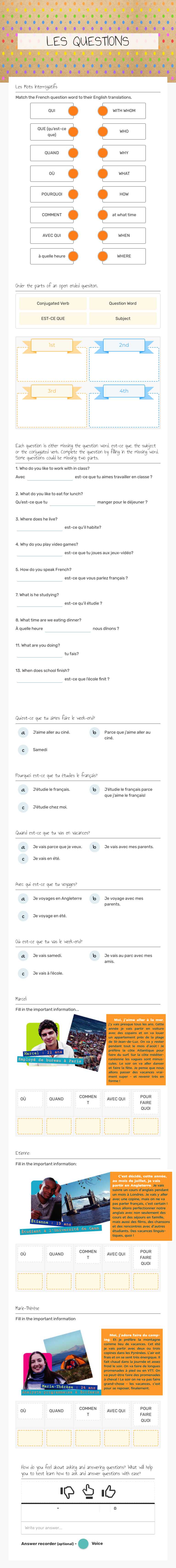 LES QUESTIONS worksheet preview image