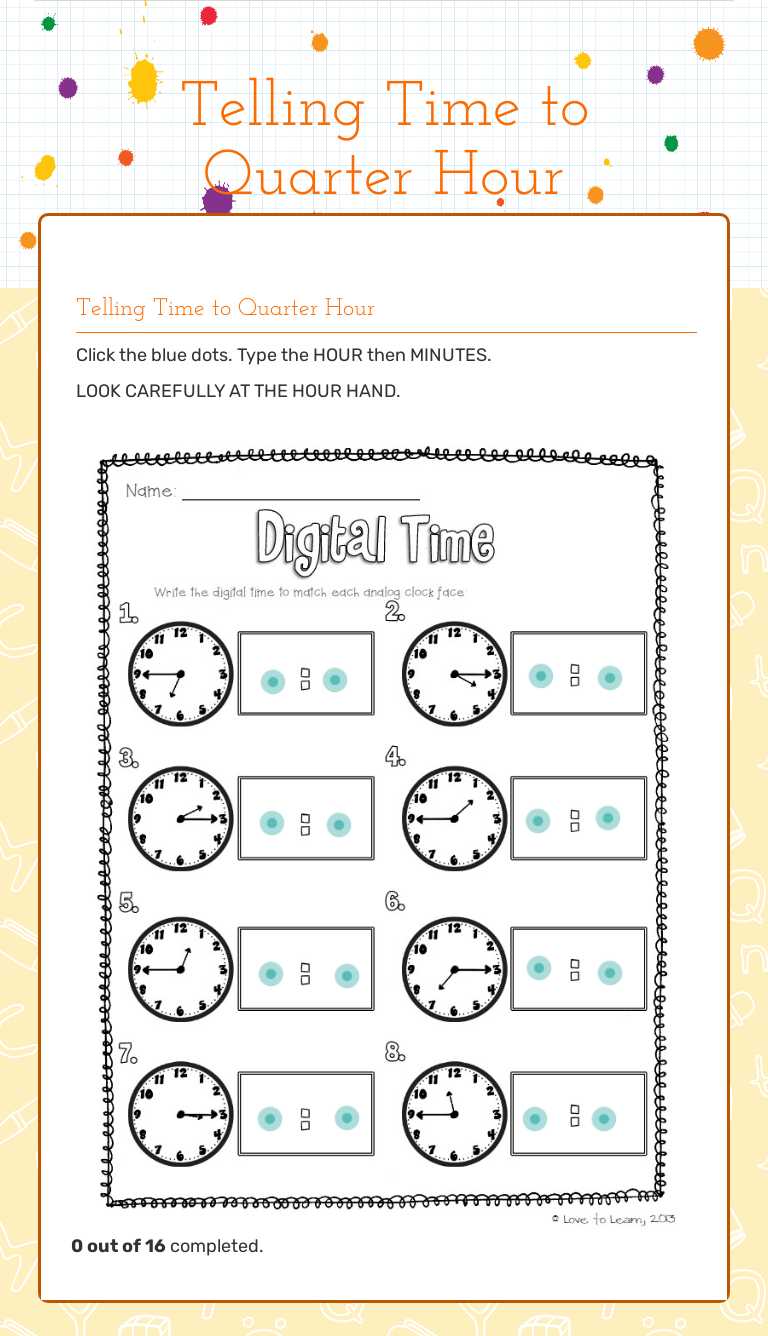 Telling Time to Quarter Hour Grade 2 worksheet preview