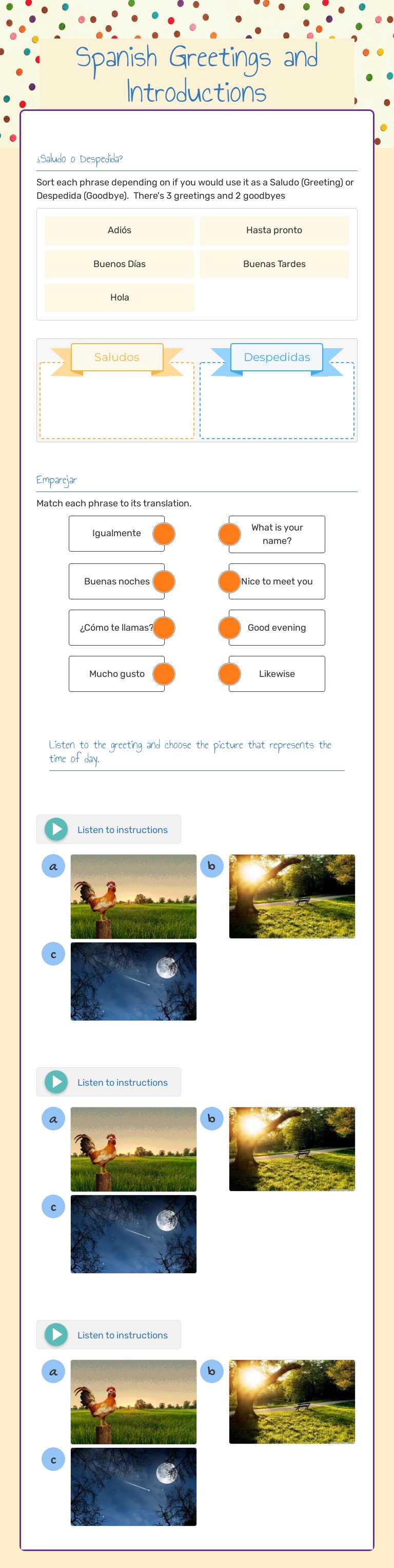 Spanish Greetings and Introductions Grade 6 worksheet preview