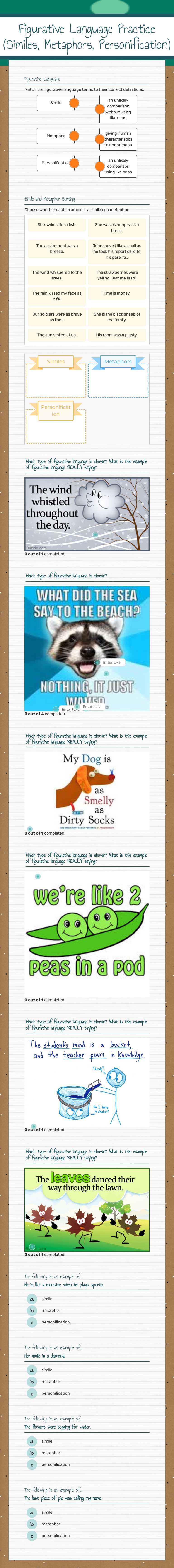 Figurative Language Practice
(Similes, Metaphors, Personification) Grade 7 worksheet preview