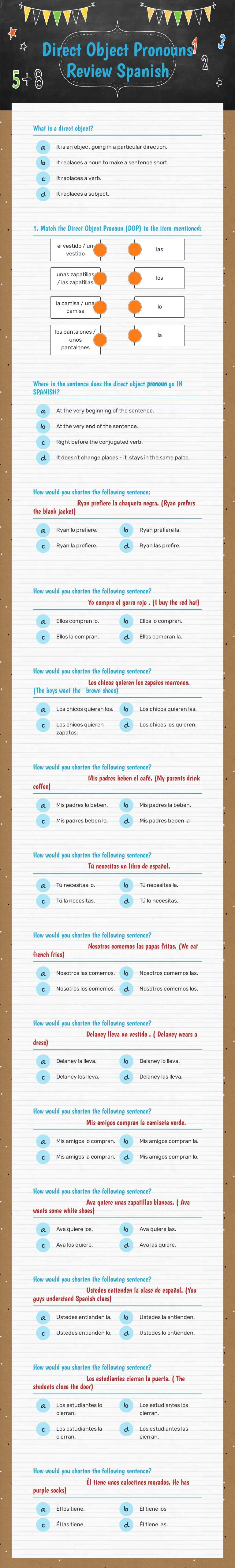 Direct Object Pronouns Review Spanish worksheet preview image